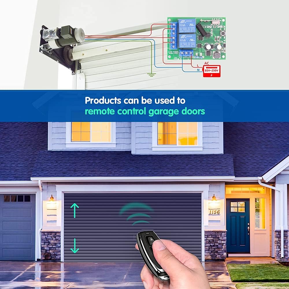 Illustration of the DieseRC RF remote control switch being used to remotely control indoor and outdoor lighting, with the receiver module wired to light fixtures.