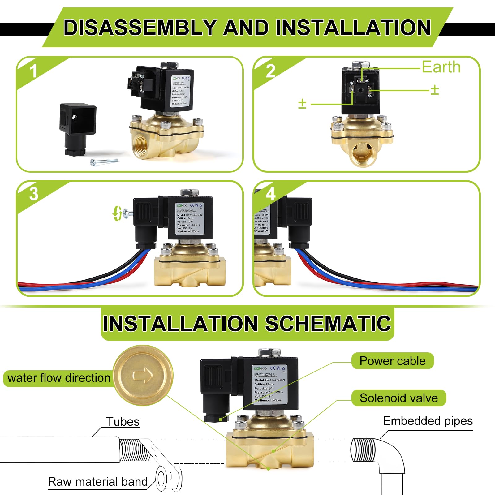 EXLECO Elektryczny zawór elektromagnetyczny 12 V DC z mosiądzu G1" elektromagnetyczny zawór elektromagnetyczny do wody DN25 0-10 bar Normalnie zamknięty zawór wody NC bezpośrednie działanie mosiężny