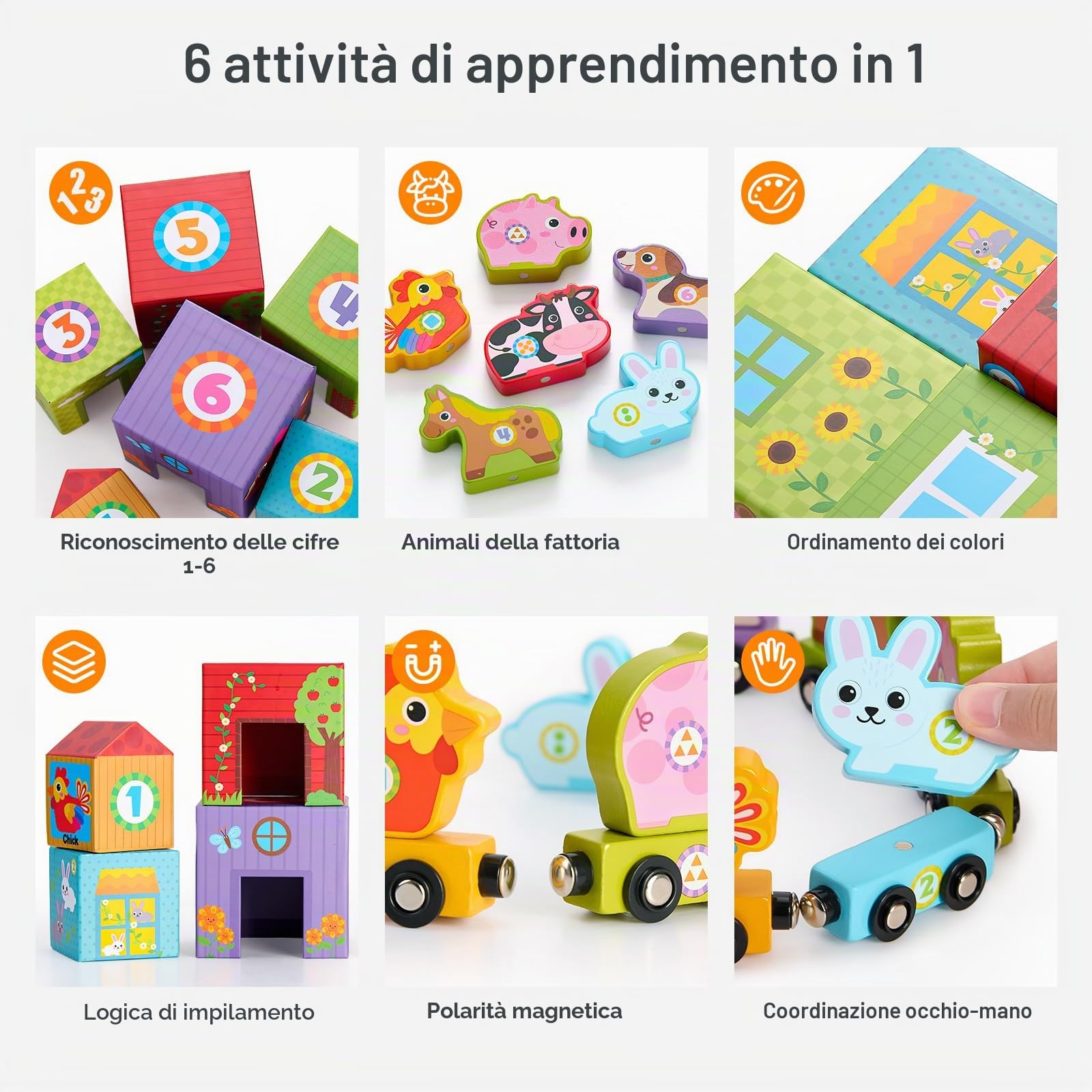 Atoylink Fattoria Cubi Impilabili di Giocattoli per Bambini, Giochi Montessori con 6 Cubi Impilabili & 6 Fattoria Animali Bambini & 6 Trenino Legno, Gioco Educativo Regali per Bambini di 3 Anni