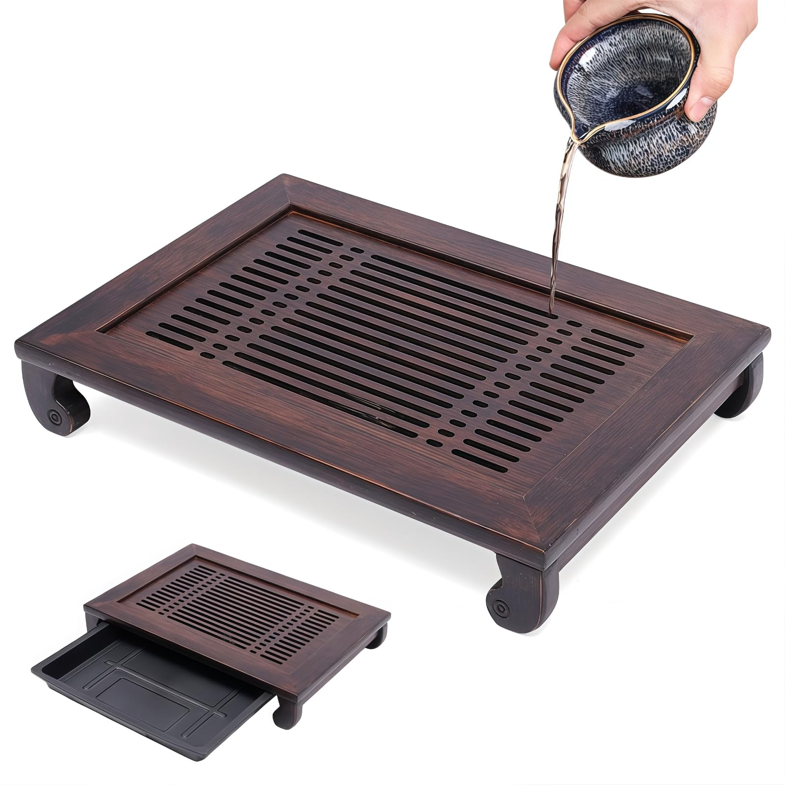 Bamboo Tea Trays for Serving with Drawer Water Storage Drainage Tea Serving Tray Chinese Tea Tray Gongfu for Teahouse Home Office, 15.74"×10.82"×2.75"