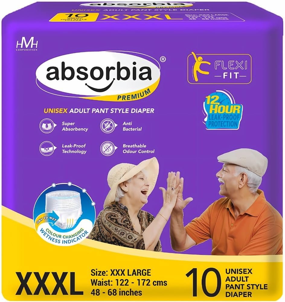 absorbia Unisex Ultra Thin Adult Diaper Pant Style Waist Size 122-172 Cm (48-68 Incs) Size-Xxxl 10 Count Diapers