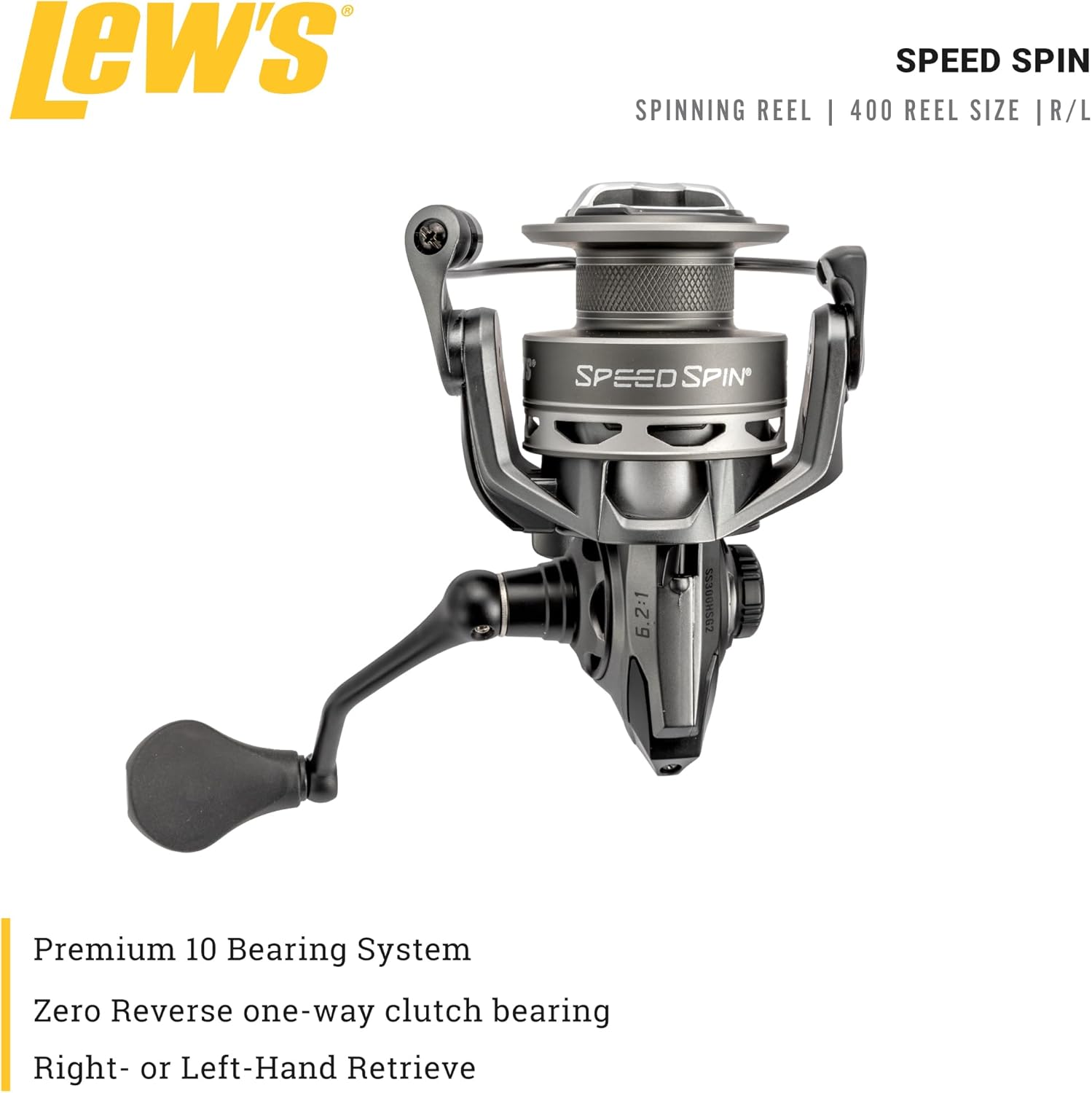 Lew’s Speed Spin Spinning Fishing Reel, Size 400 Reel, 9+1 Bearings, 6.2:1 Gear Ratio, Graphite Frame and Sideplate, Solid Brass Speed Gears