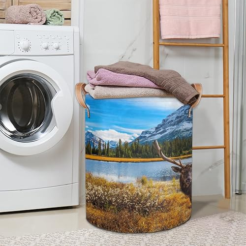 Miniatura 2 de Cesta de lavandería redonda grande con asas de cuero, con diseño de ciervos y paisajes otoñales, contenedores de almacenamiento de ropa sucia