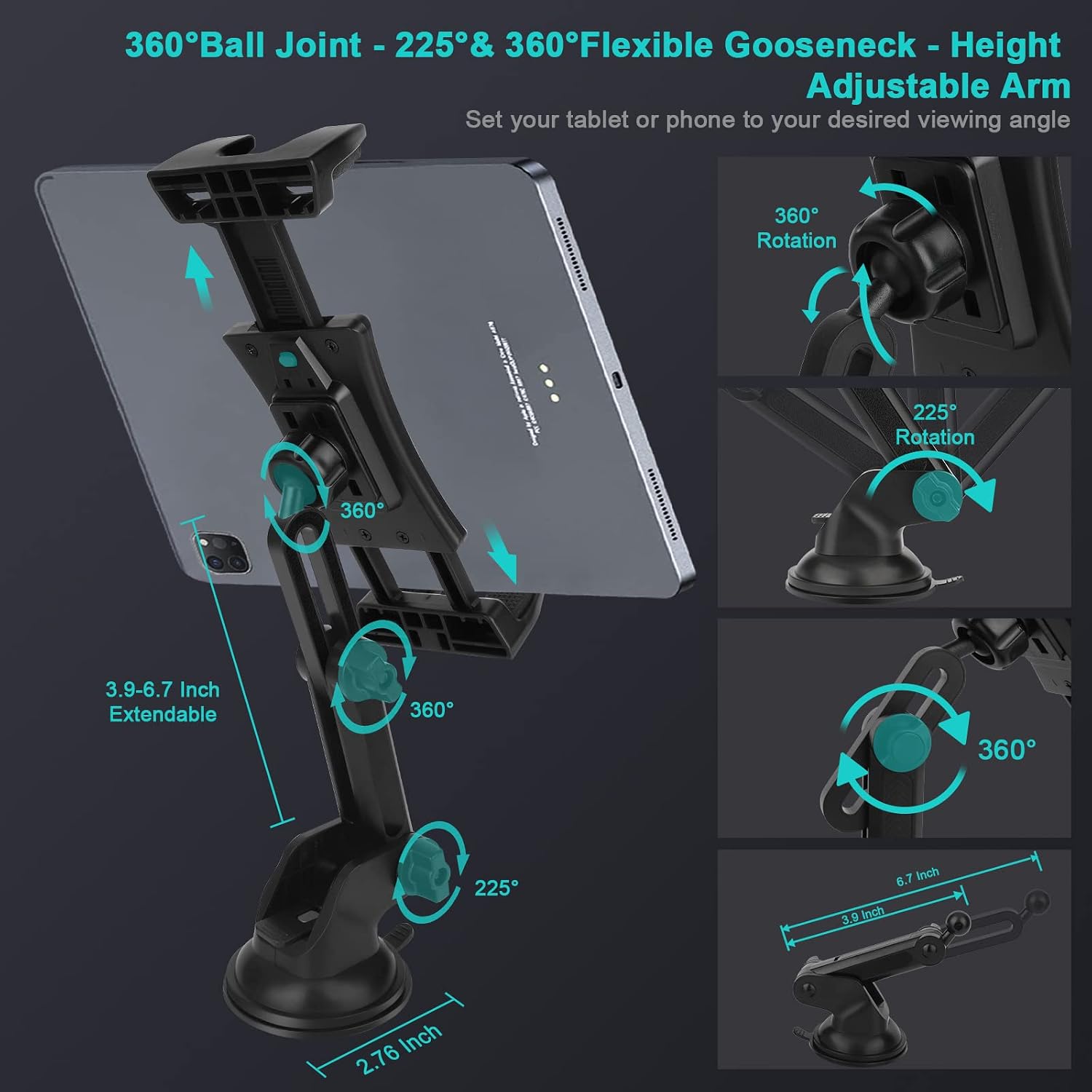 Tablet Car Dashboard & Windshield Mount, Universal 360° Adjustable Window Dash Suction Cup Holder for iPad Pro 12.9/11/10.5/9.7/Air/Mini 6 5 4, Galaxy, 4.7-12.9" Tab & Phone, 1* TPU Sticky Pad