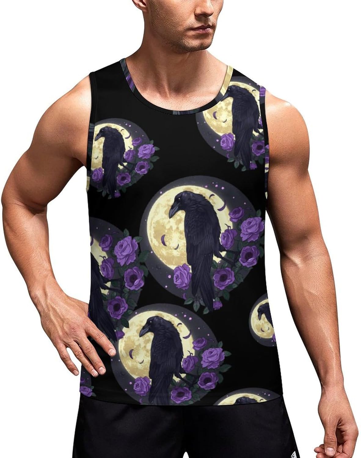 Full Moon Gothic Witchy Crow Roses Mystical Men's Tank Top Sleeveless Muscle Shirts Vest Beach T Shirts for Workout Gym