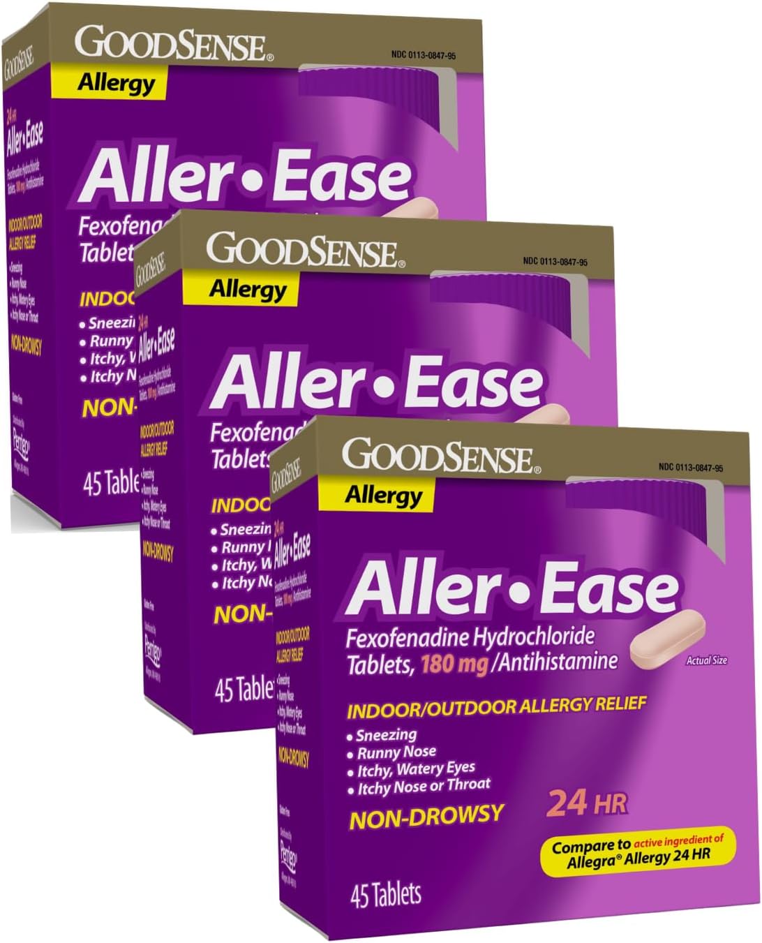 GoodSense Aller-Ease, Fexofenadine Hydrochloride Tablets, 180 mg, Antihistamine for 24-Hour Indoor/Outdoor Allergy Symptom Relief, Non-Drowsy 45 CT (Pack of 3)