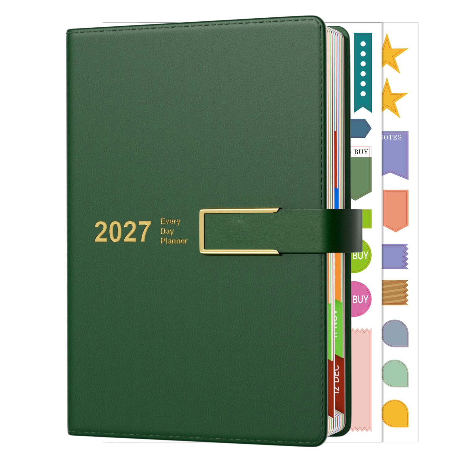 Diary 2027 Page A Day A5, January -December 2027, 2027 Year Diary Magnetic Buckle Band with Colorful Monthly Tabs, 400 Pages 80-gsm Ivory White Paper, 2 Bookmarks, Pocket & Stickers (8.5'' x 5.8'')