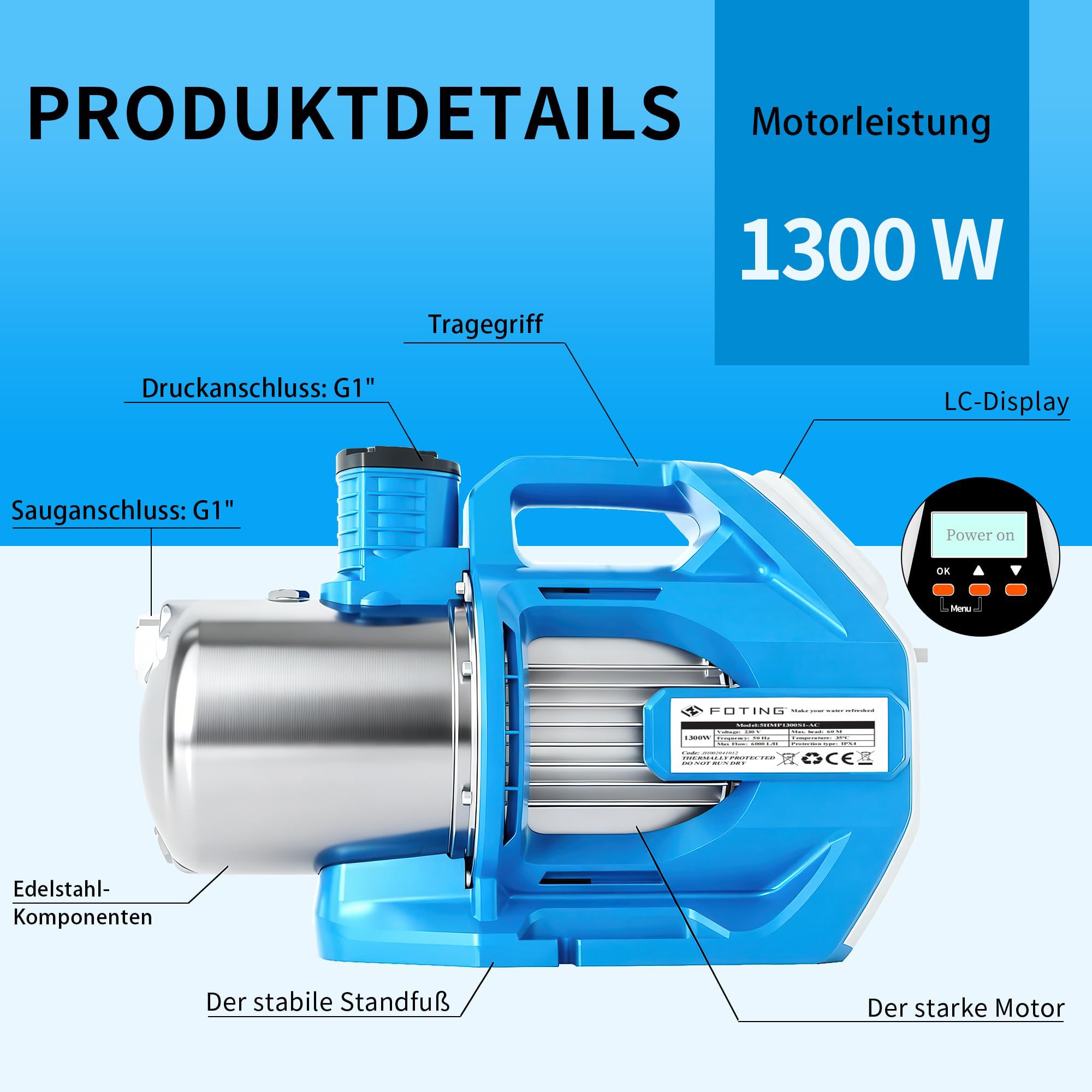 FOTING Bomba de jardín INOX - Bomba de riego alta presión con pantalla LCD y 3 botones, prefiltro (1300 W, caudal máx. 6000 l/h, presión 6 bar, altura máx. 60 m, aspiración 8 m)
