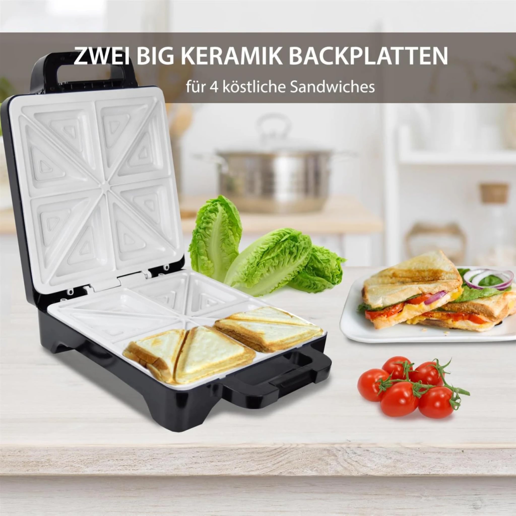 Syntrox Germany 1600 Watt XLC Sandwichmaker mit Keramikbeschichtung zur Herstellung von 4 Sandwiches gleichzeitig