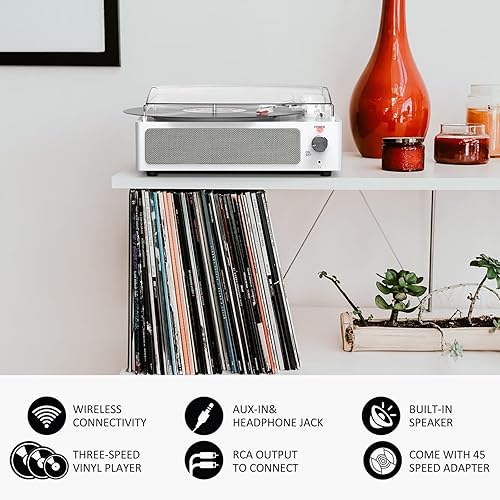 Miniatura 5 de Vinyl Record Player with Speakers Turntable Belt-Driven Turn Table Support 3-Speed 3 Size BT Wireless Playback Headphone AUX-in RCA Line LP Blanco