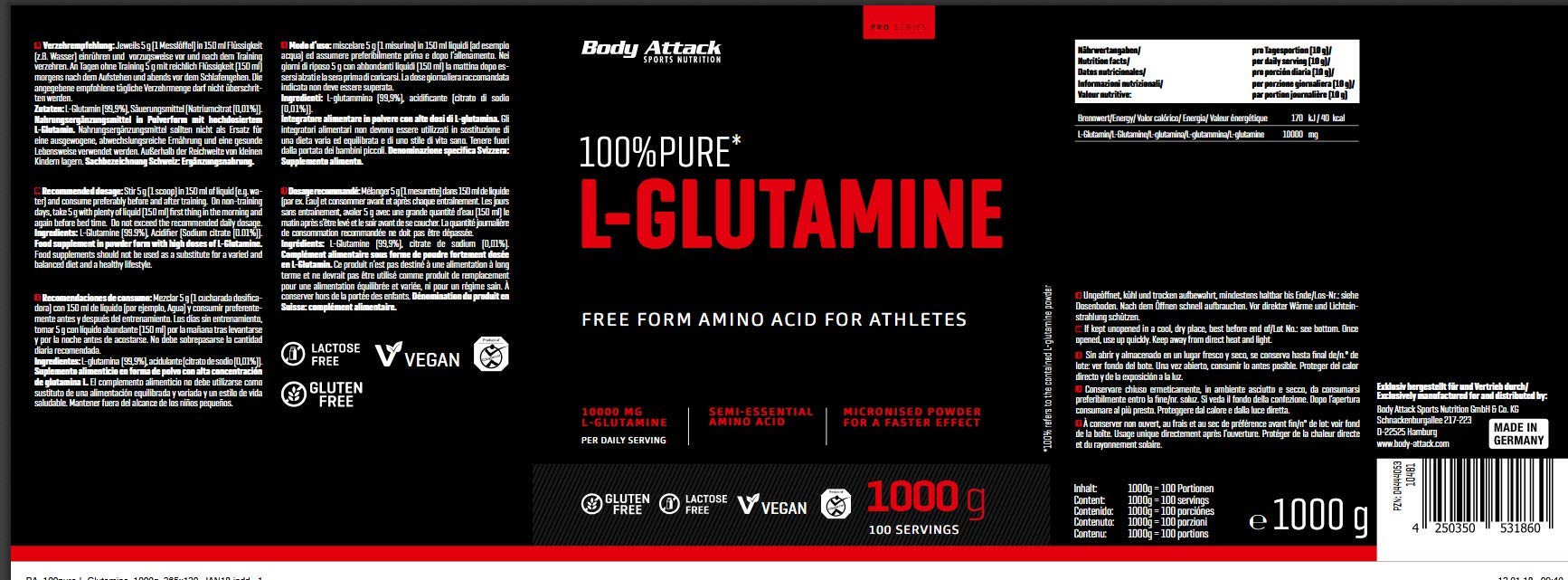 Body Attack 100% Pure L-Glutamine, 1er Pack (1 x 1000g)