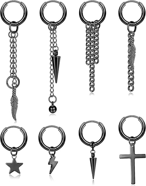 LOLIAS 8Pcs 316L Stainless Steel Cross Earrings Mens Women Hoop Earrings Hinged Earrings Dangle Chain Earrings Star Feather Punk Gothic Kpop Earrings Silver/Black