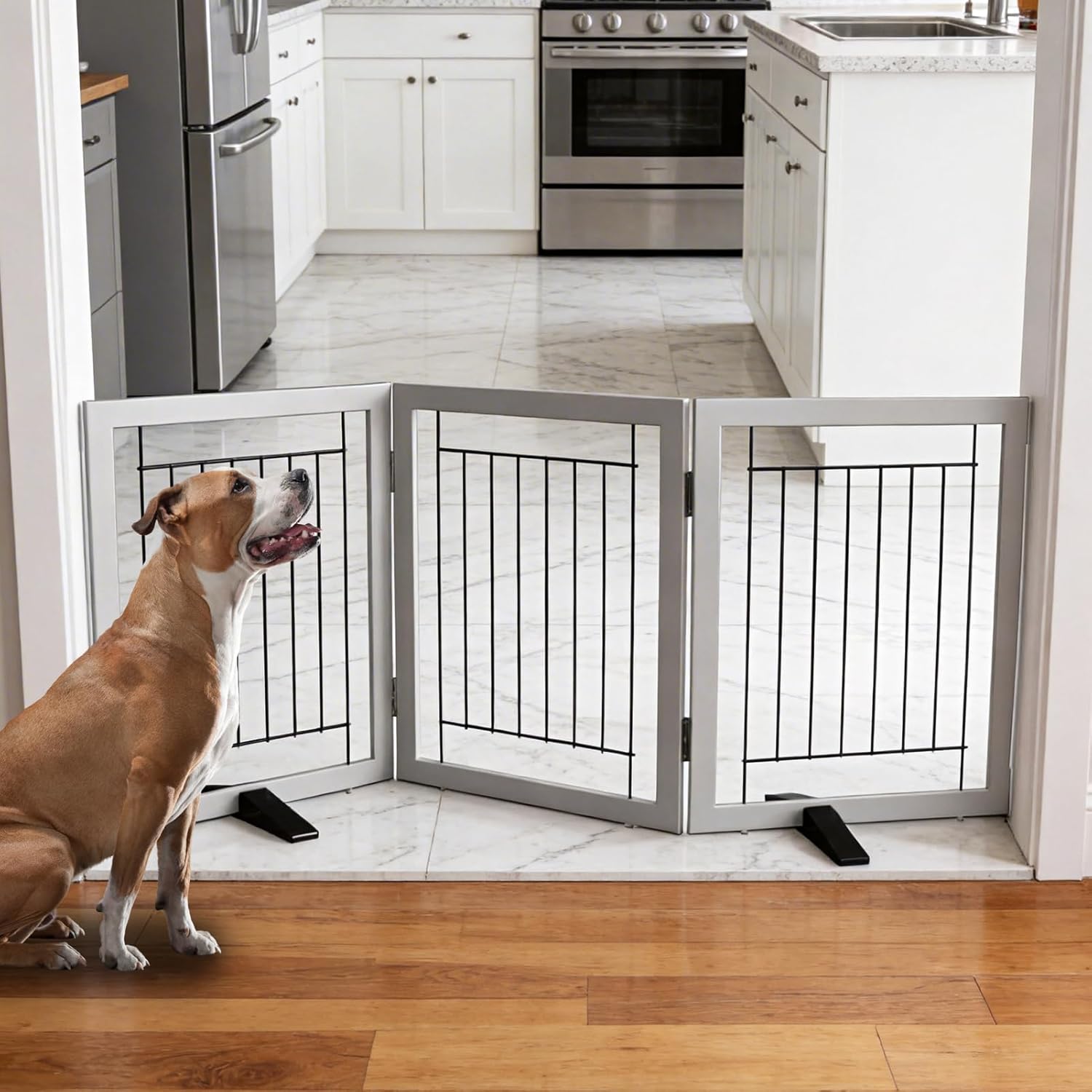 ZJSF Freestanding Dog Gate Indoor, Foldable Dog Fence for Doorways,Hallways or Stairs, Sturdy Wood Extra Wide Pet Gate with Support Feet,Grey,24 "Height-3 Panels