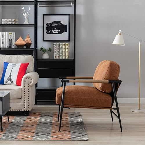 Miniatura 7 de Ya-Home Silla decorativa Mid-Century de piel sintética con patas de metal negro, silla de ocio tapizada para sala de estar, dormitorio, sala de