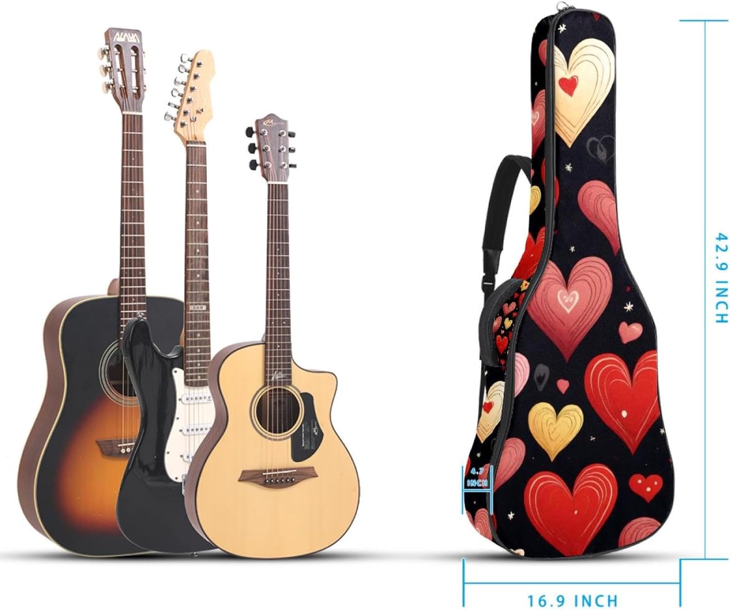 40 41 42 Inch Guitar Bags, Waterproof Padded Acoustic Guitar Case Backpack with Adjustable Shoulder Strap & Pockets, Red Hearts Seamless