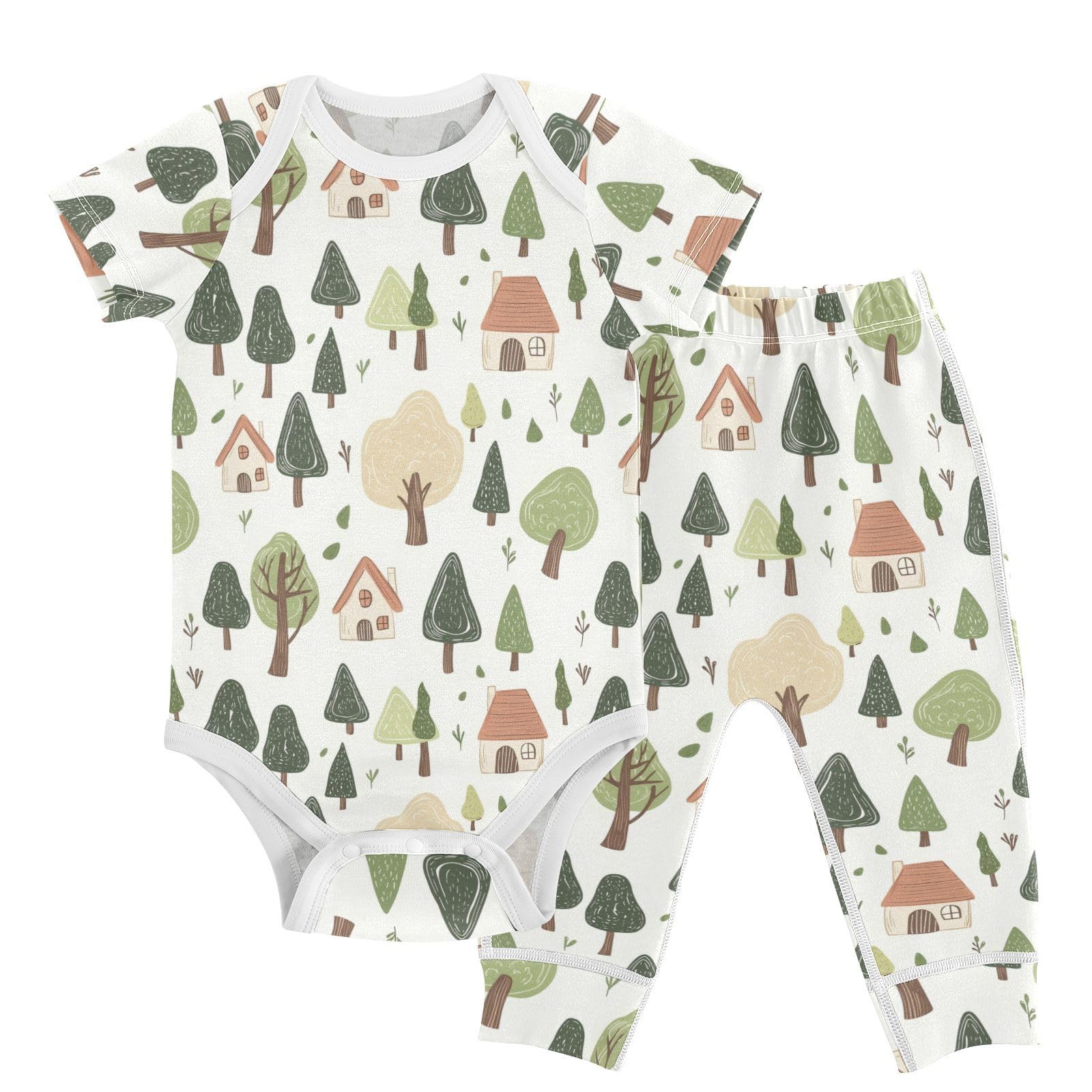 vvfelixl Cartoon Cute Forest Cabin Baby Bodysuits Set,Baby Layette Sets Unisex Short Sleeve Babys Pants Sets 6-9M