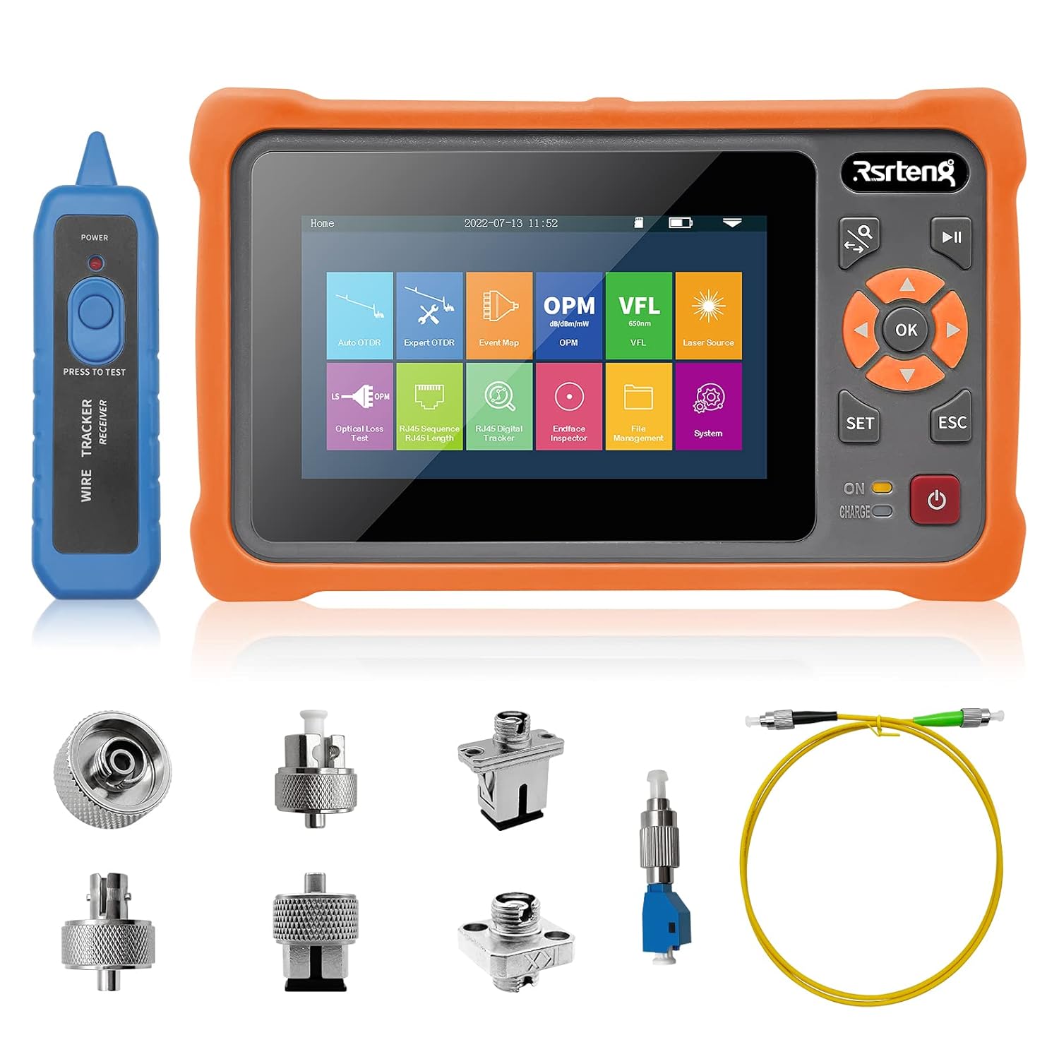 Rsrteng OTDR Fiber Optic Tester 1310/1550nm 26/24dB Test Rang 500m-100Km 4.3" Touch Screen Event Map OPM VFL LS OLS RJ45 Test 8GB TF Card PC-Sides Analysis Software Connector with UPC/FC SC LC ST