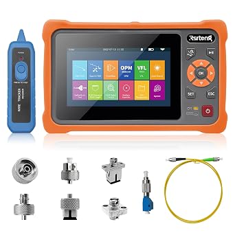 Rsrteng OTDR Fiber Optic Tester 1310/1550nm 26/24dB Test Rang 500m-100Km 4.3" Touch Screen Event Map OPM VFL LS OLS RJ45 Test 8GB TF Card PC-Sides Analysis Software Connector with UPC/FC SC LC ST