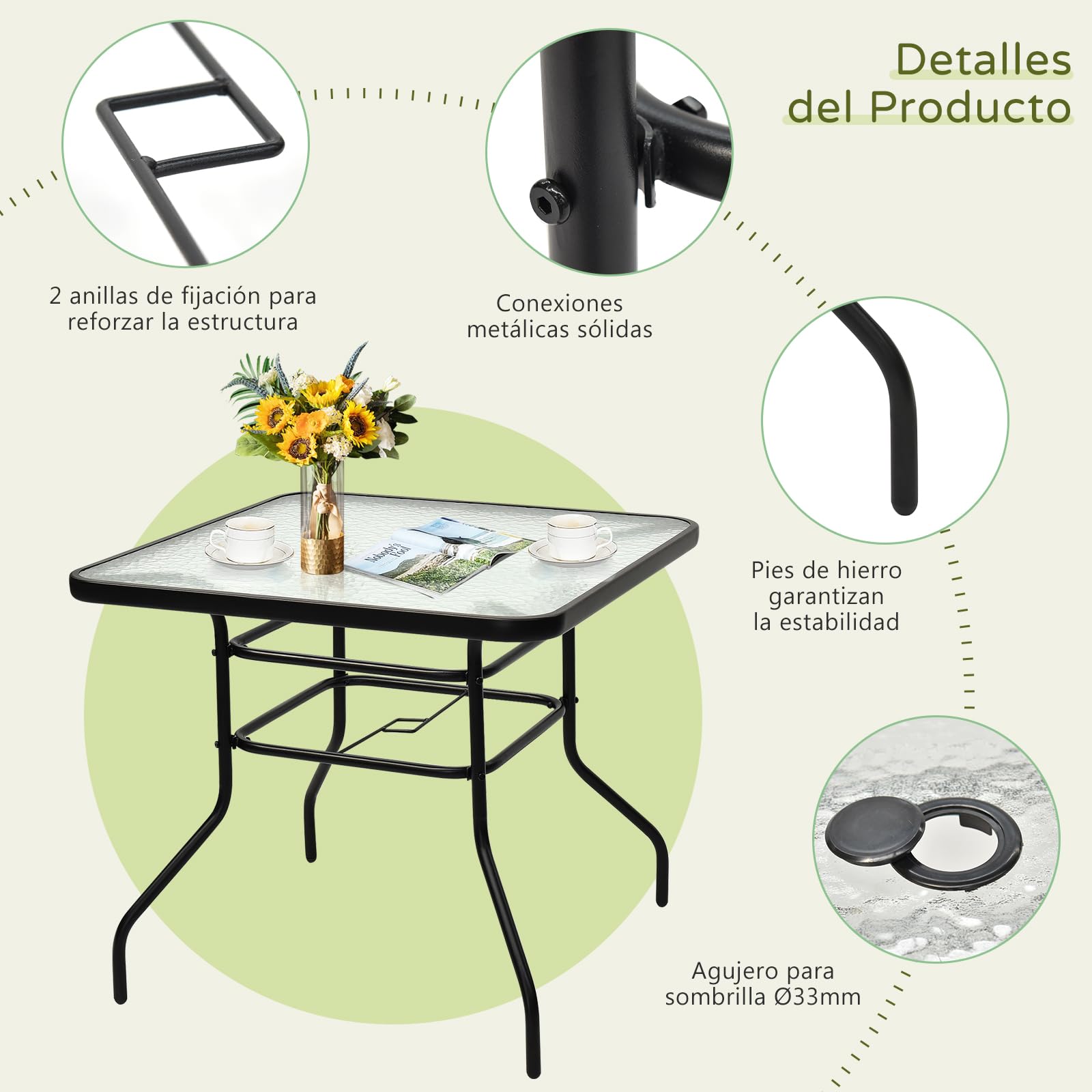 RELAX4LIFE Mesa Auxiliar de Vidrio Templado y Marco de Metal con Agujero para Sombrilla Ø33mm, Mesa Exterior para Jardín, Balcón, Terraza y Bistro, Carga 80 kg, 81x81x71cm (Cuadrado)
