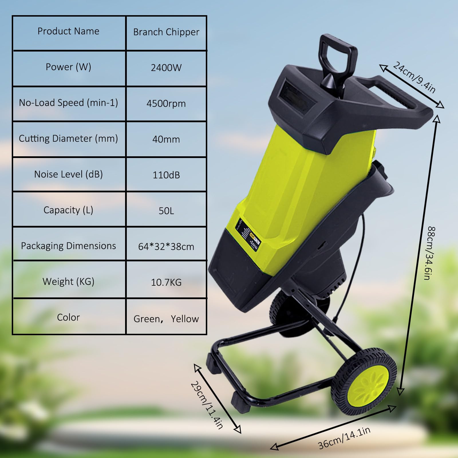 Trituradora de Trituradora de Madera Trituradora de JardíN EléCtrica de 2400W con Bolsa de RecoleccióN de 50L, para Una Limpieza RáPida del Patio Y FabricacióN de Abono Yellow-A