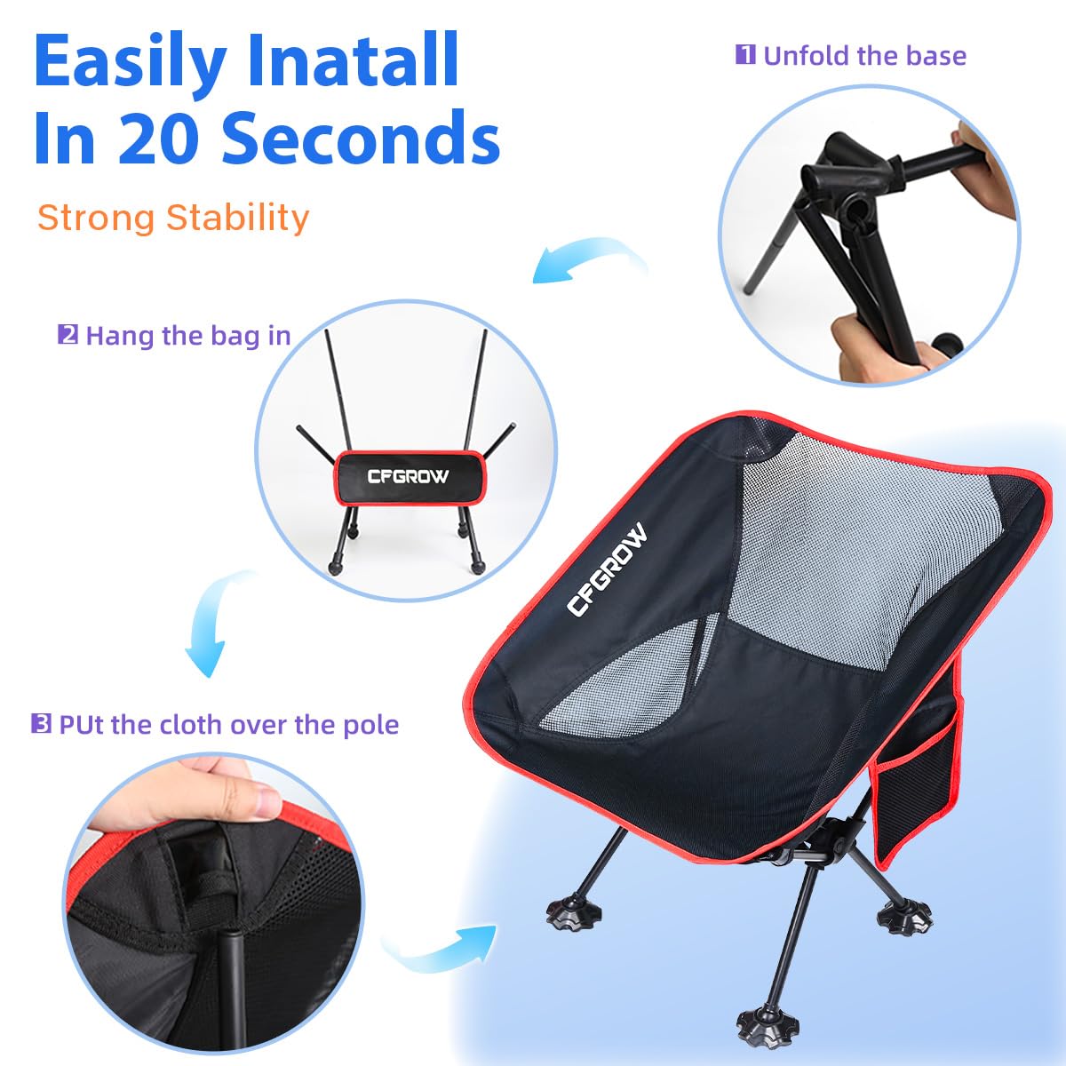 CFGROW Silla de camping plegable, portátil, 150 kg, ultraligera, tamaño pequeño, plegable, con bolsa de transporte, para picnic, pesca, jardín, senderismo, exteriores, color negro