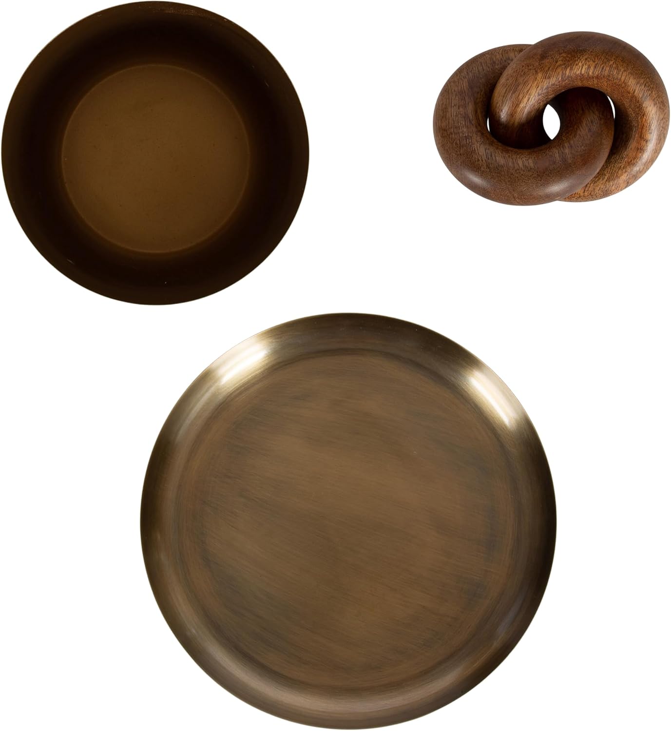 Kate and Laurel Anaya Wooden Three-Piece Decor Accent Set, Walnut Brown and Antique Brass, Set of 3, Modern Tabletop Decor Set Including Planter Pot, Accent Tray, and Wooden Knot