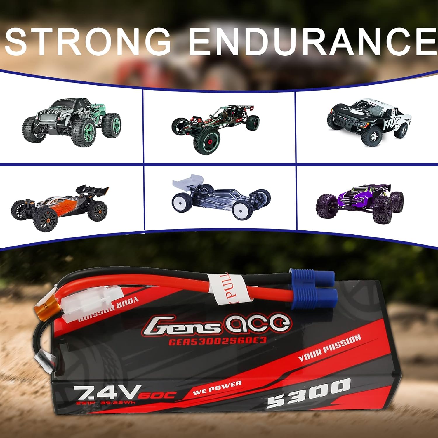 Gens ace 2S Lipo Battery 7.4V 5300mAh 60C Lipo Battery Pack 24# with EC3 Plug and Deans Adapter for RC Car