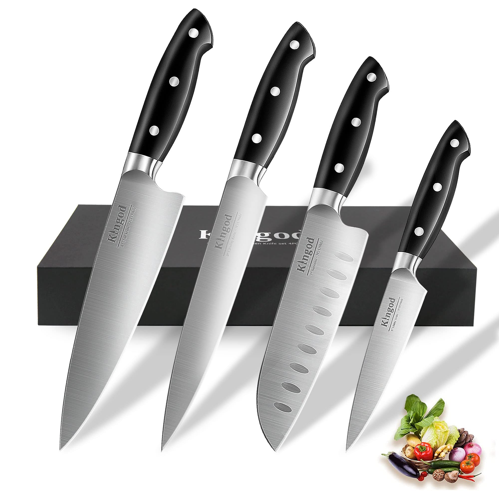 KINGOD 4PCS Japanese Chef Knife Set, Ultra Sharp Kitchen Knives Boxed Set, 7CR17MOV High Carbon German Stainless Steel with Ergonomic Handle, Professional Multipurpose Cooking Knife Set - 4PCS SET A