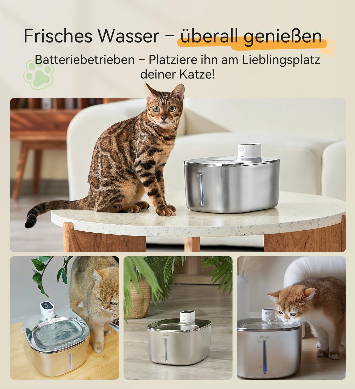 Katzenbrunnen Edelstahl Kabellos 4.1L mit Sensor 3 Modi & 4000mAh | 3 Modi (Sensor/Zeit/Dauer), leise, Filter, für Katzen & kleine Hunde mit 1 Ersatzfilte