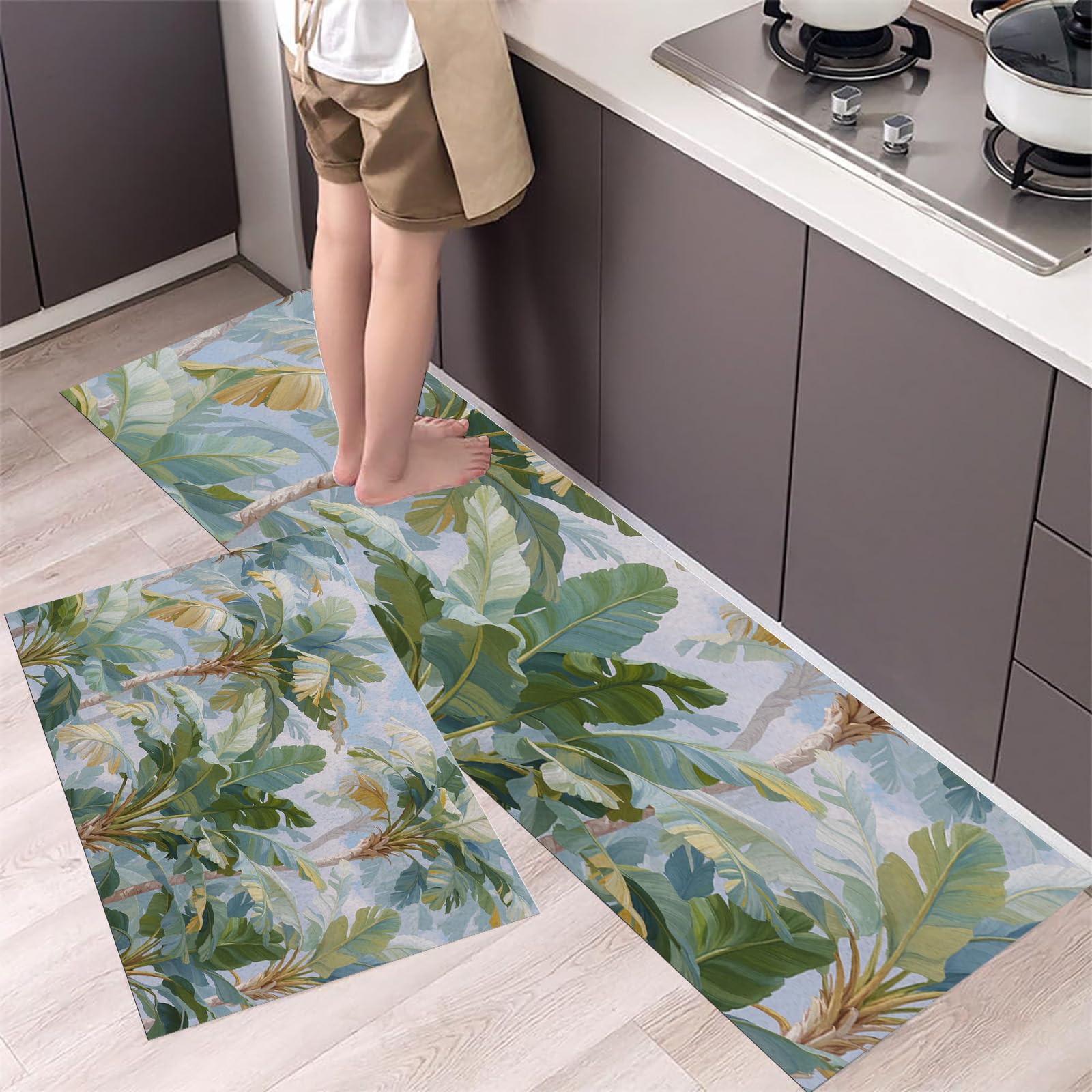 Tapis de cuisine lavable lot de 2 vert palmier 50x80 50x120 cm