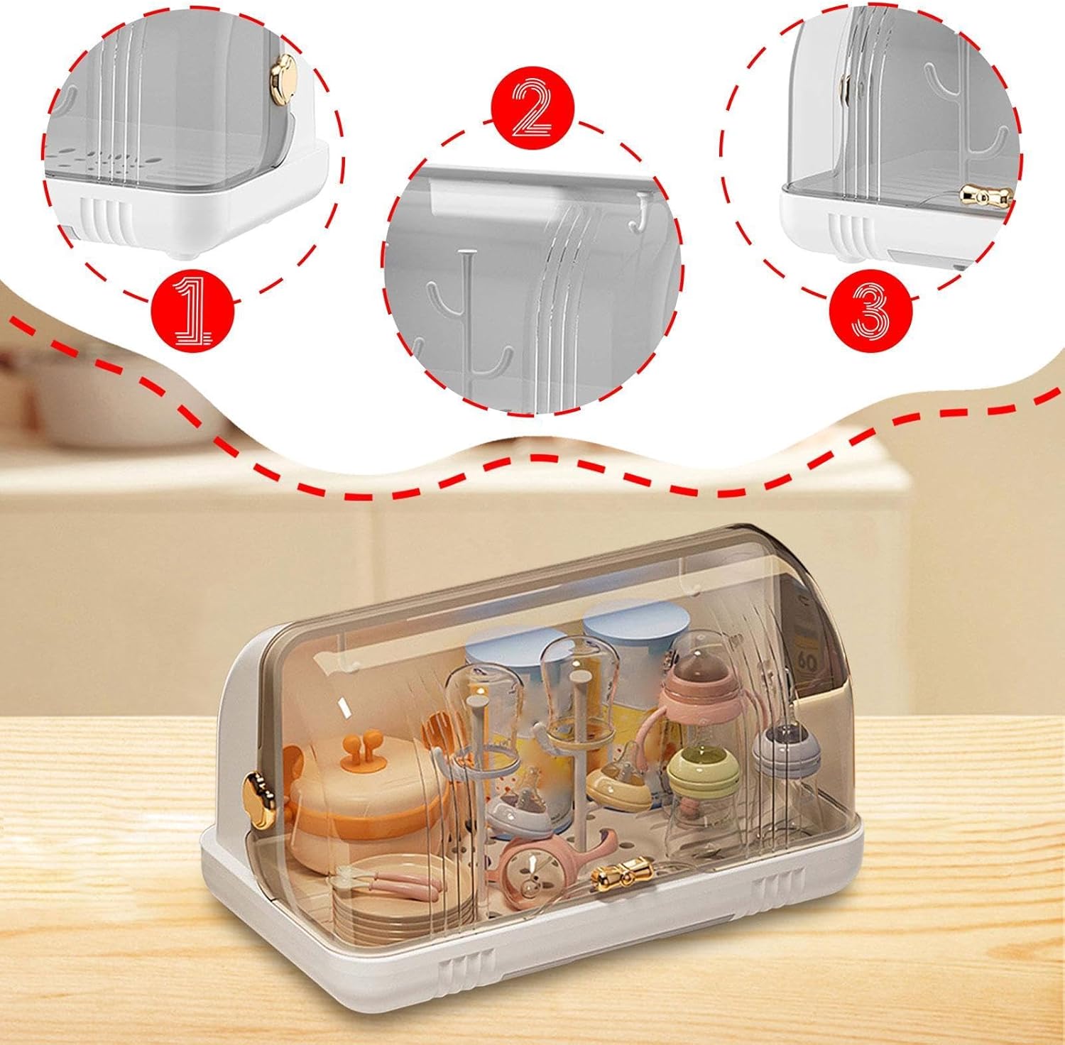 Bottle Drainer, Dish Storage Box with Draining Board, Cup Storage Holder for Milk Bottles, Chopsticks, Coffee Cups, White