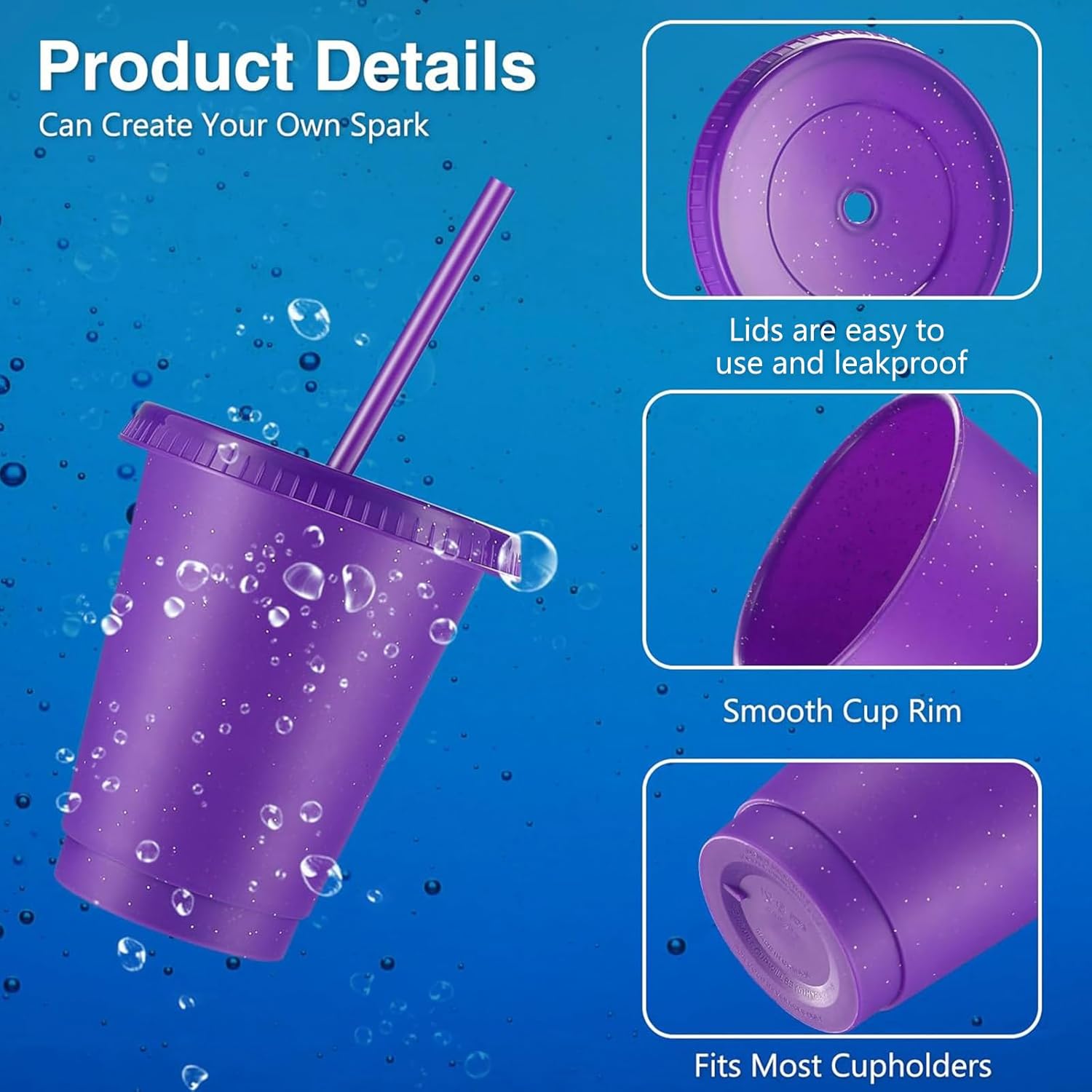 Rtteri 15 Pcs Reusable Cups with Straws and Lids 16 oz Glitter Tumblers Plastic Party Favor Cups with Lids Travel Mug Tumbler for Valentine's Day Party Iced Beverage Water(Purple) - Image 3