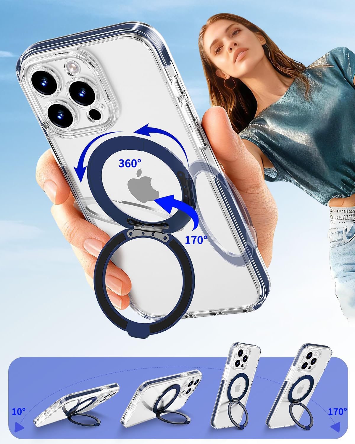 Magnetic for iPhone 15 Pro Max Case with 360 Spin Stand [Compatible with MagSafe] [Military-Grade Protection] [Detachable Strip] Anti-Yellowing Slim Case for iPhone 15 Pro Max 6.7", Blue