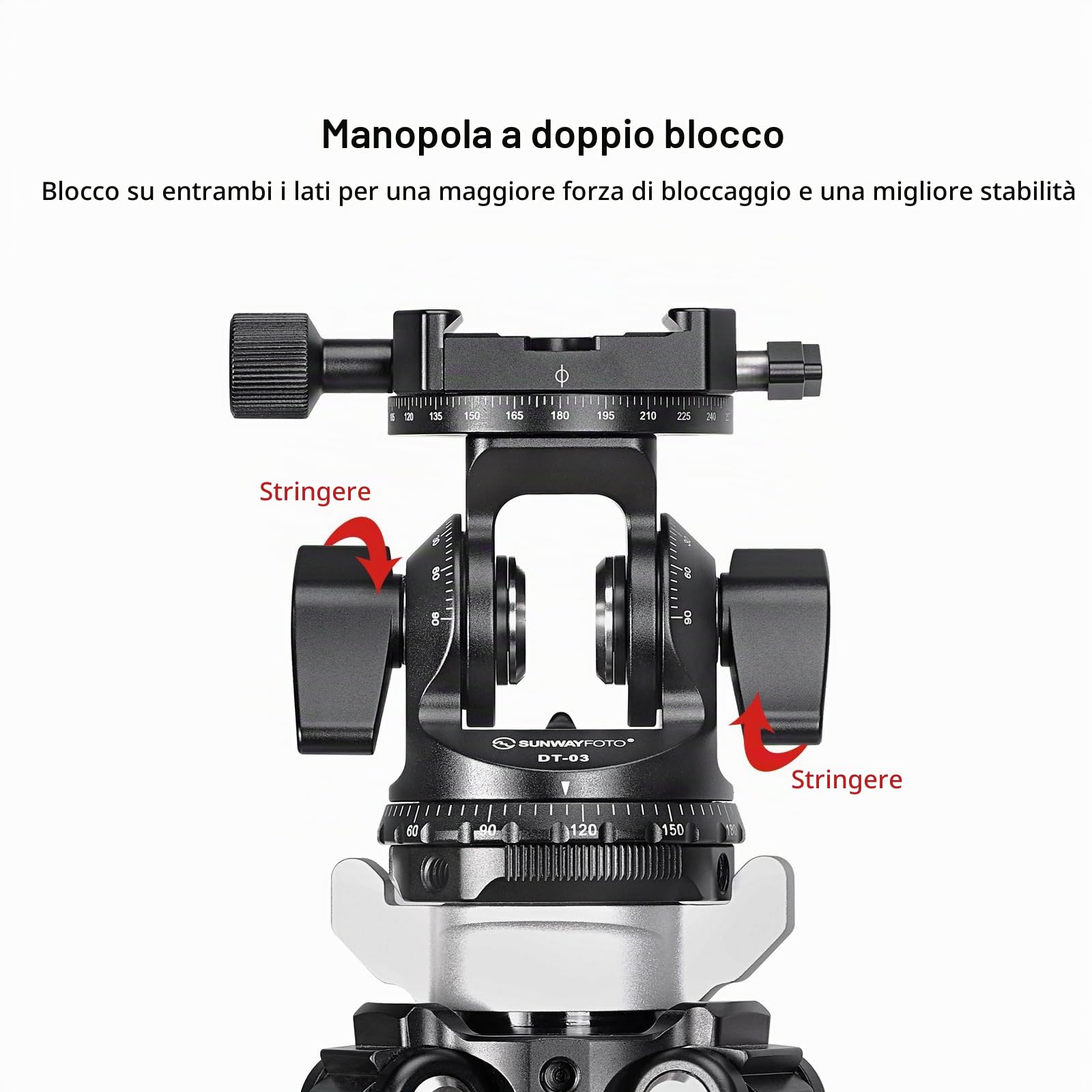 SUNWAYFOTO DT-03R - Testa inclinabile bidirezionale per monopiede e treppiede con morsetto di rotazione panoramica, capacità di carico 6,8 kg