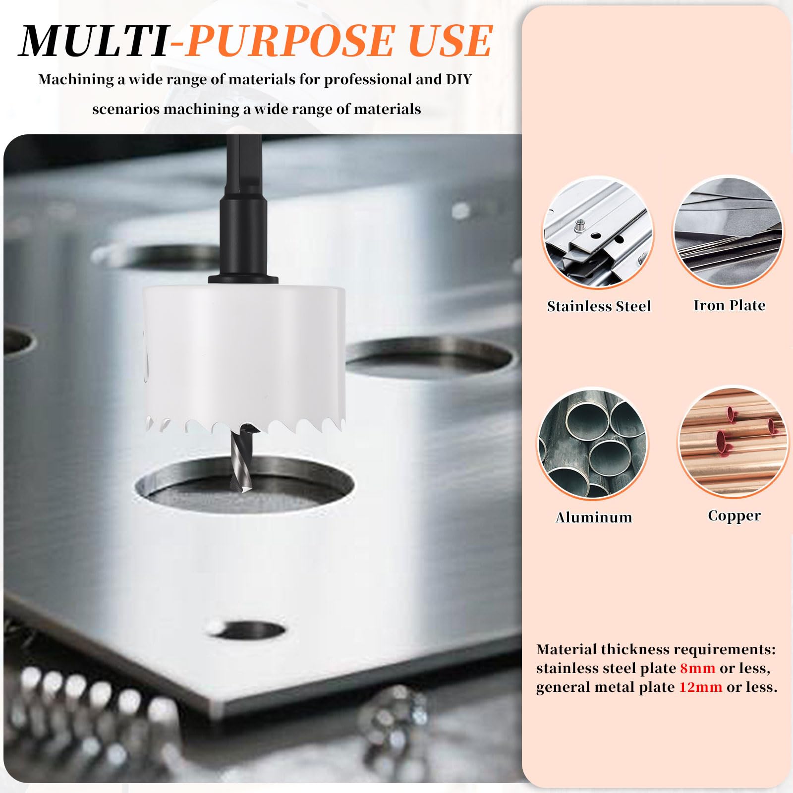 METALLIXITY Seghe Tazza Bimetallica Frese per Metallo 194mm (7-5/8"), M42 Fresatrice Foro Acciaio Rapido con Punta Centrale, Chiave Esagonale e Molla - per Lamiera, Legno, Pannelli, Bianco