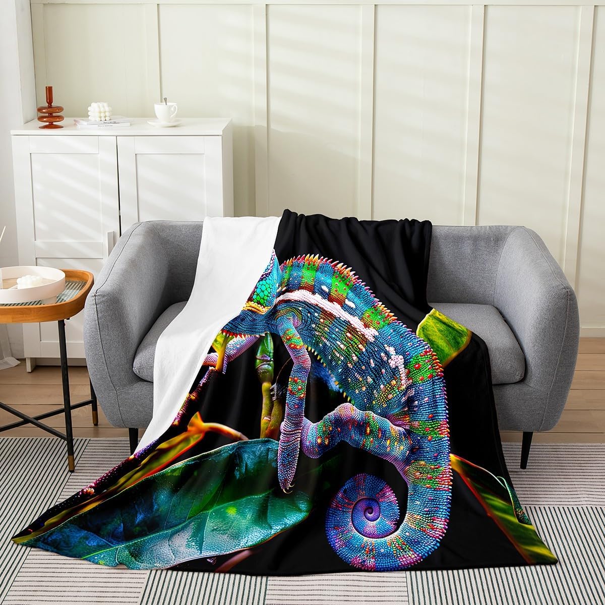 Erosebridal Chameleon Blanket,3D Chameleon Pattern Throw Blanket,Rainforset Creatures Fleece Blanket for Kids Teens Adult,Jungle Leaf Wildlife Animal Soft Fuzzy Blanket Room Decor,Queen 90x90