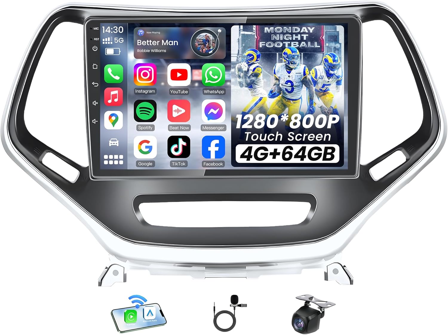 4+64G Car Radio Stereo for Jeep Cherokee 2014-2018：10 inch 1280 * 800 Touchcreen with Carplay & Android Auto, GPS, 5GWiFi, Bluetooth5.4, SWC, FM/RDS, 32EQ, Backup Camera