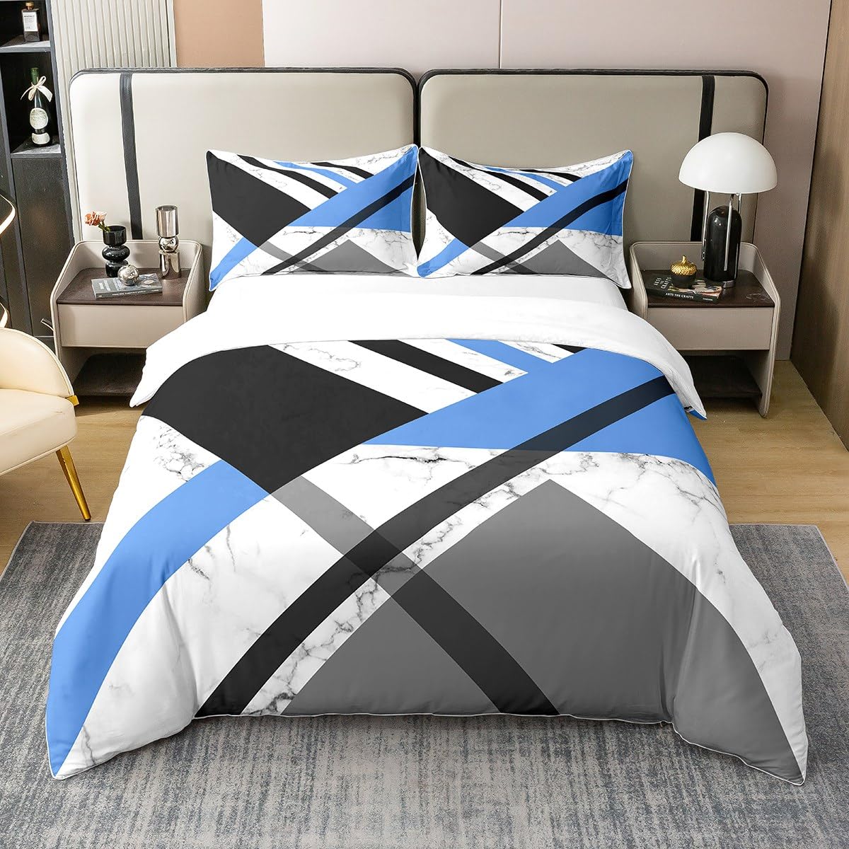 Housse de couette 220x240 géométrique coton bleu gris noir