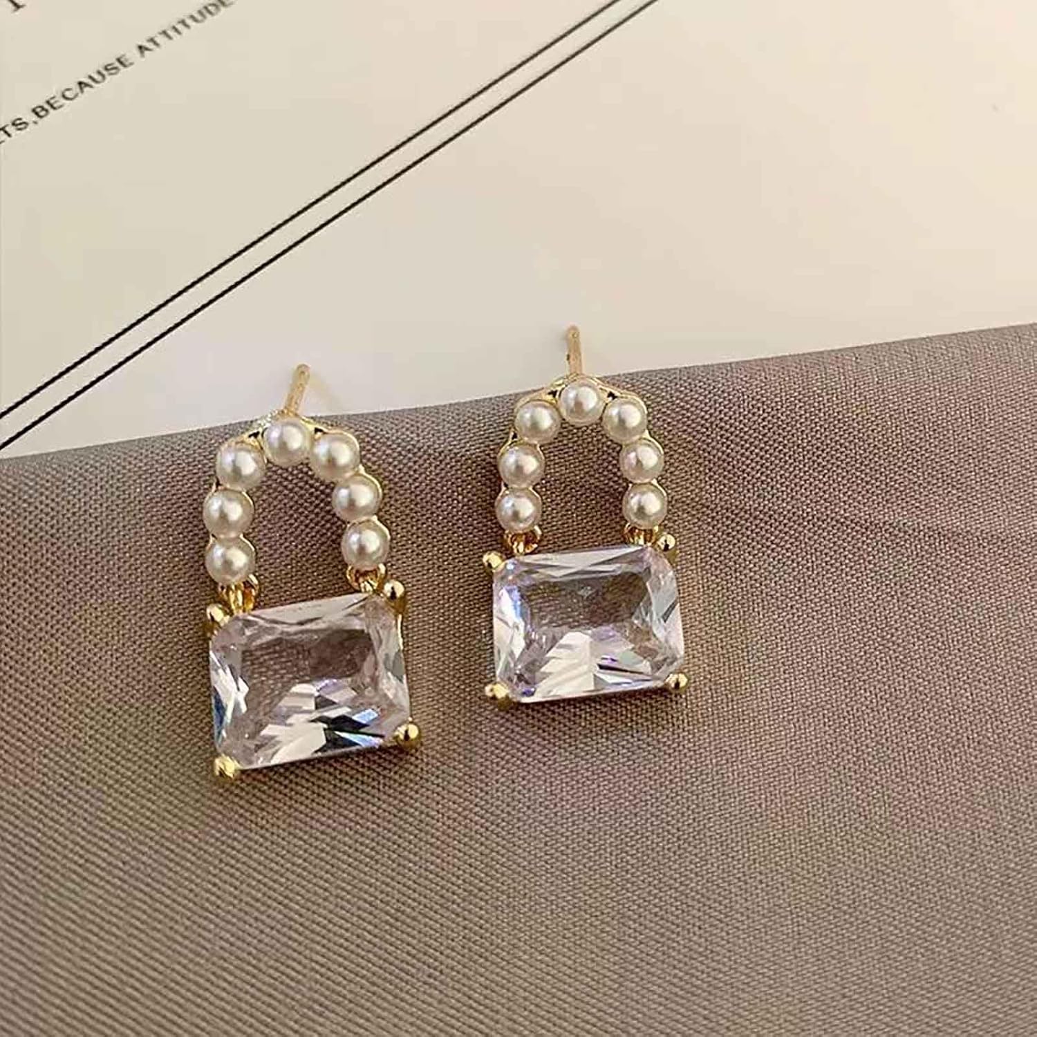 W WEILIRIAN Boho Crystal Lock Earrings Square Rhinestone Dangle Earrings Vintage Pearl Earrings Gold Pearl Bead Earrings Jewelry for Women and Girls Gifts - Image 4
