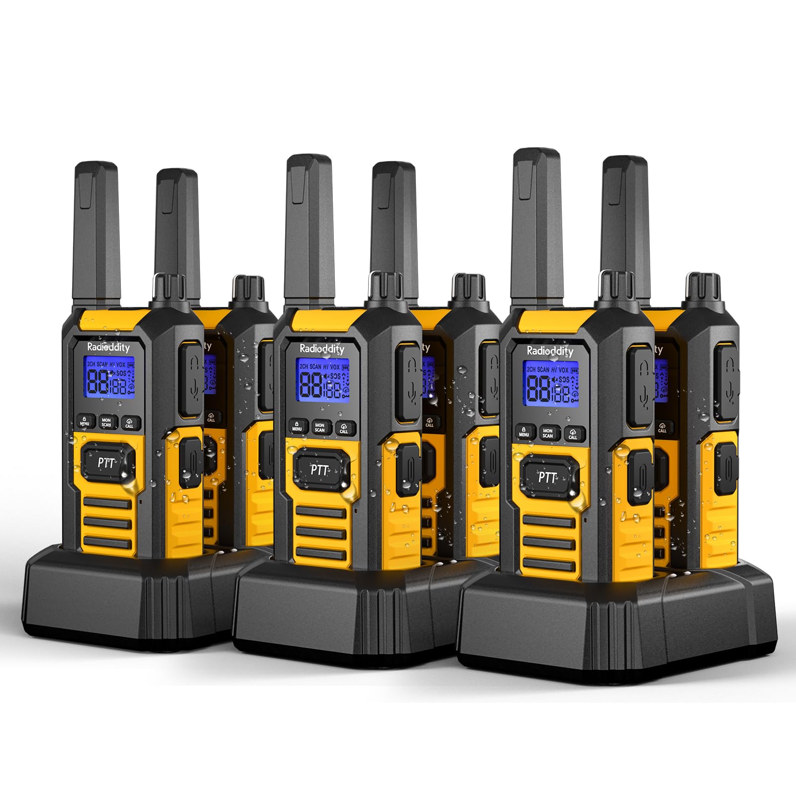 Radioddity HD-1 IP67 Heavy Duty Walkie Talkies, Waterproof Dustproof Shockproof Long Range Two Way Radio with One-Key Group Call, Vibrate Alert, SOS, Dual PTT, Base & USB-C Charing, 6 Packs