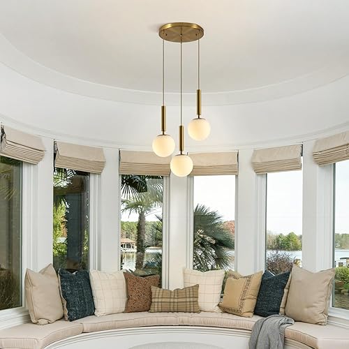 Miniatura 8 de BOKT Moderna lámpara colgante de 3 luces en racimo de cocina, isla de mediados de siglo, ajustable, globo dorado cepillado, lámpara colgante,