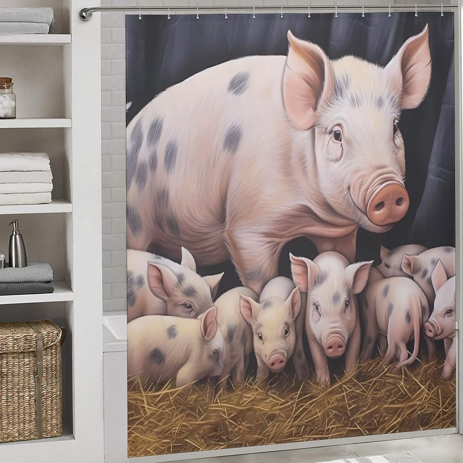Pigs Piglets at Dinner Time Funny Shower Curtains Washable Bath Curtain Liner with Hooks for Bathroom Bath Tubs