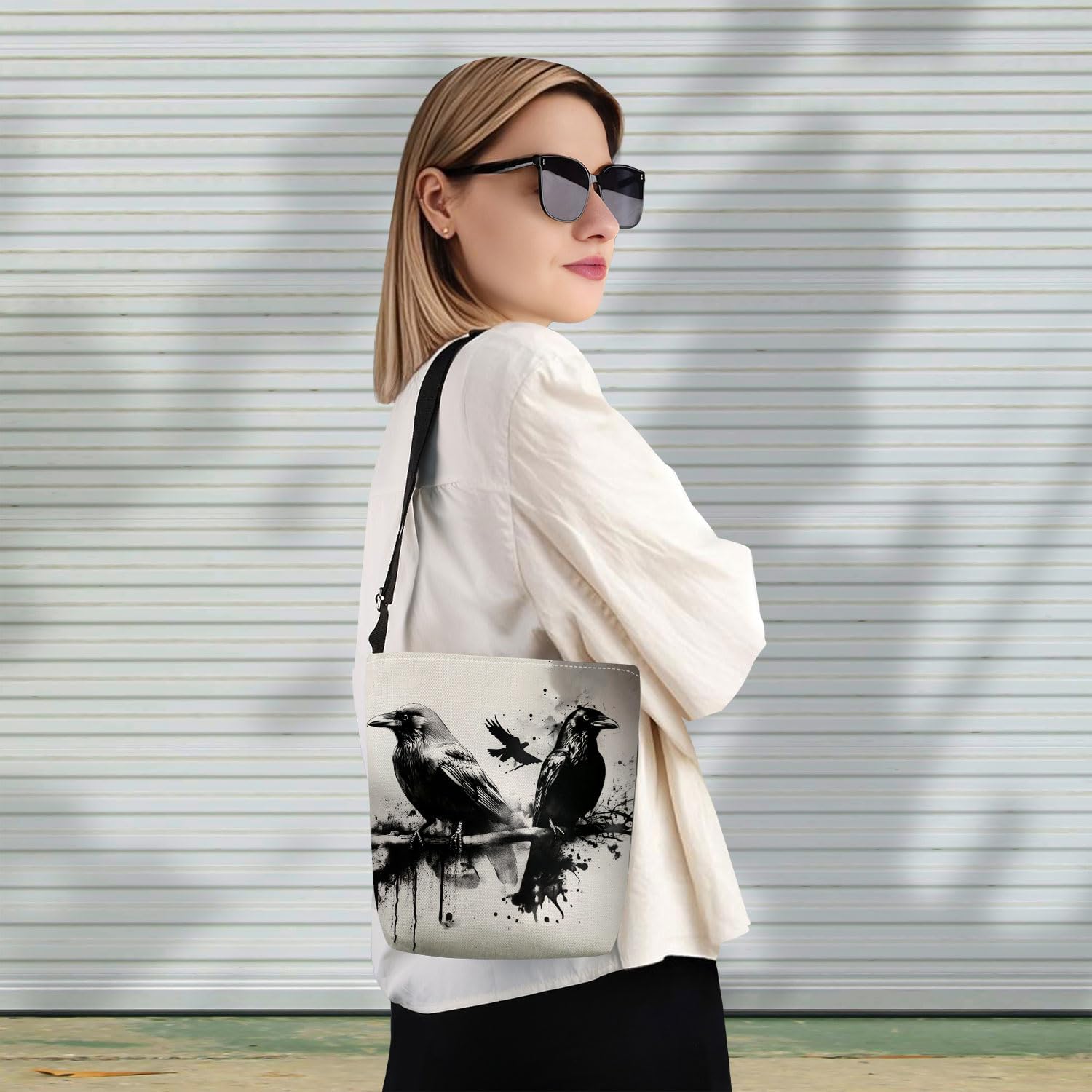 Ink Crow Print Canvas Crossbody Bag, Adjustable Strap Lightweight Purse with Top Zipper & Inner Pocket, Daily Shoulder Bag Gift for Women -5 - Image 7