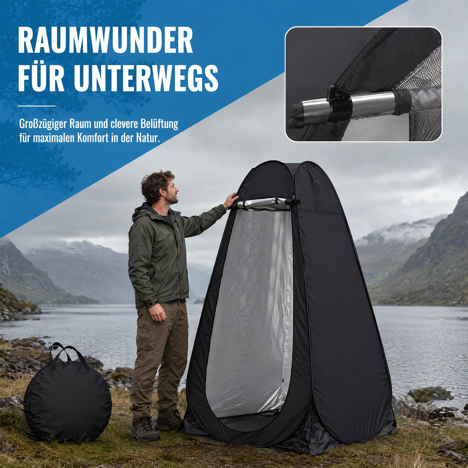 Pop Up Zelt, Duschzelt mit Tragetasche Fenster & Camping Zubehör, Mobile Umkleidezelt, Camping Toiletten Zelt, Sichtschutz Zelt für Outdoor, UV-Schutz wasserdicht für Camping Wandern Strand - Schwarz