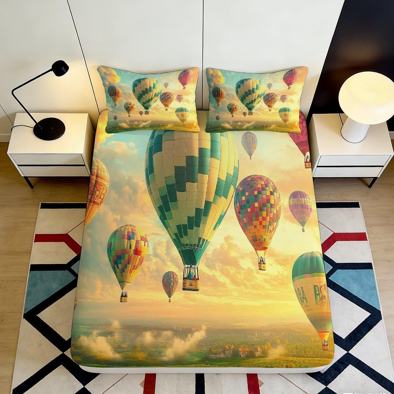 3D Printed Hot Air Balloon Fitted Sheet Microfiber Soft Breathable Sky Pattern Bed Cover for Bedroom Dormitory Guest Room Mattress Protection Decor 200x200x25cm