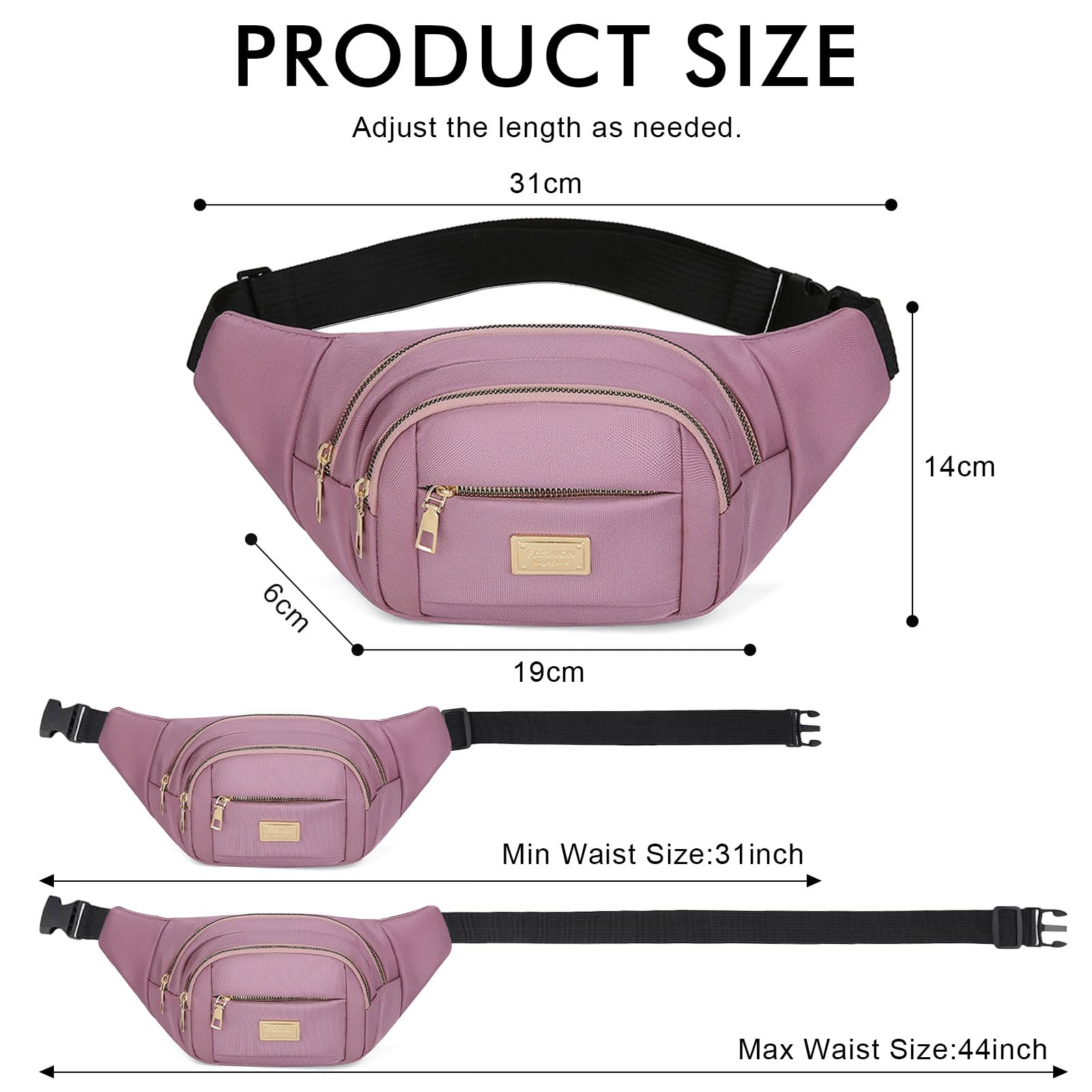 Bumbags for Ladies Women Men Lightweight Adjustable Bum Bag Fanny Pack with 4 Zipper Pockets,Fashionable Waist Pack for Travel, Running, Hiking, Cycling (Pink) — view 3