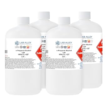 Lab Alley n-Propanol Alcohol, Lab Grade, Ideal for Personal Care and Cosmetics, Cleaning - Made in USA - 1 Gallon Total Pack of 4 x 1 Quart Bottles