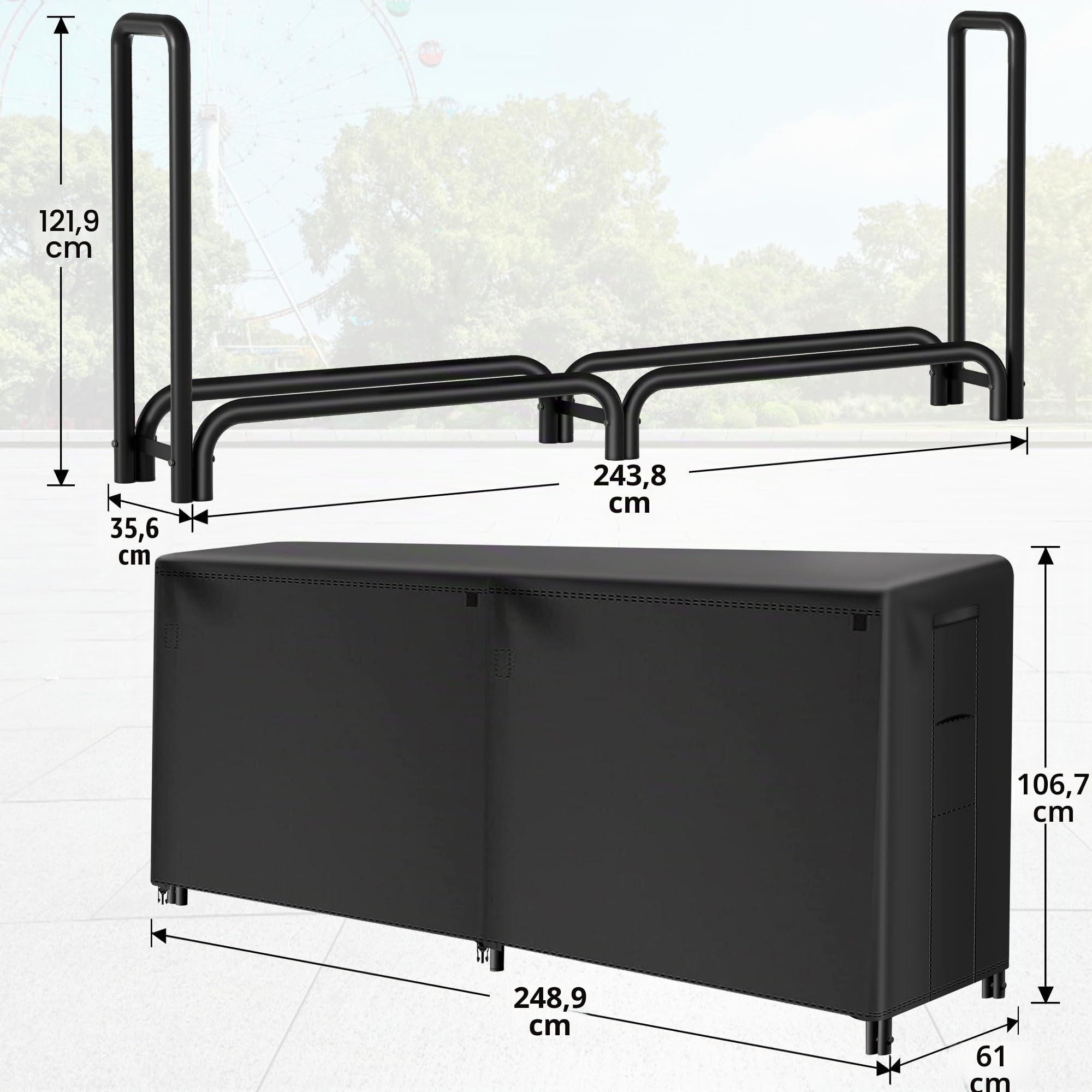 Amagabeli 244cmx122cmx35,6cm Portalegna da esterno da con coperchio Set combinato Legnaia da esterno impermeabile per camino Portalegna da ardere Accessori per attrezzi impilatori di legno Nero
