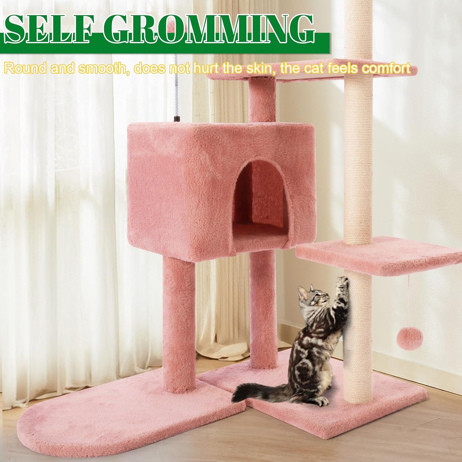 41 Inches Flower Cat Tree Tower with Scratching Post, Tall Cat Trees for Indoor Cats Large Adult, Multi-Level Cozy Plush Cat Houses & Condo Furniture with Top Perch, Cats Climbing Towers(Pink)