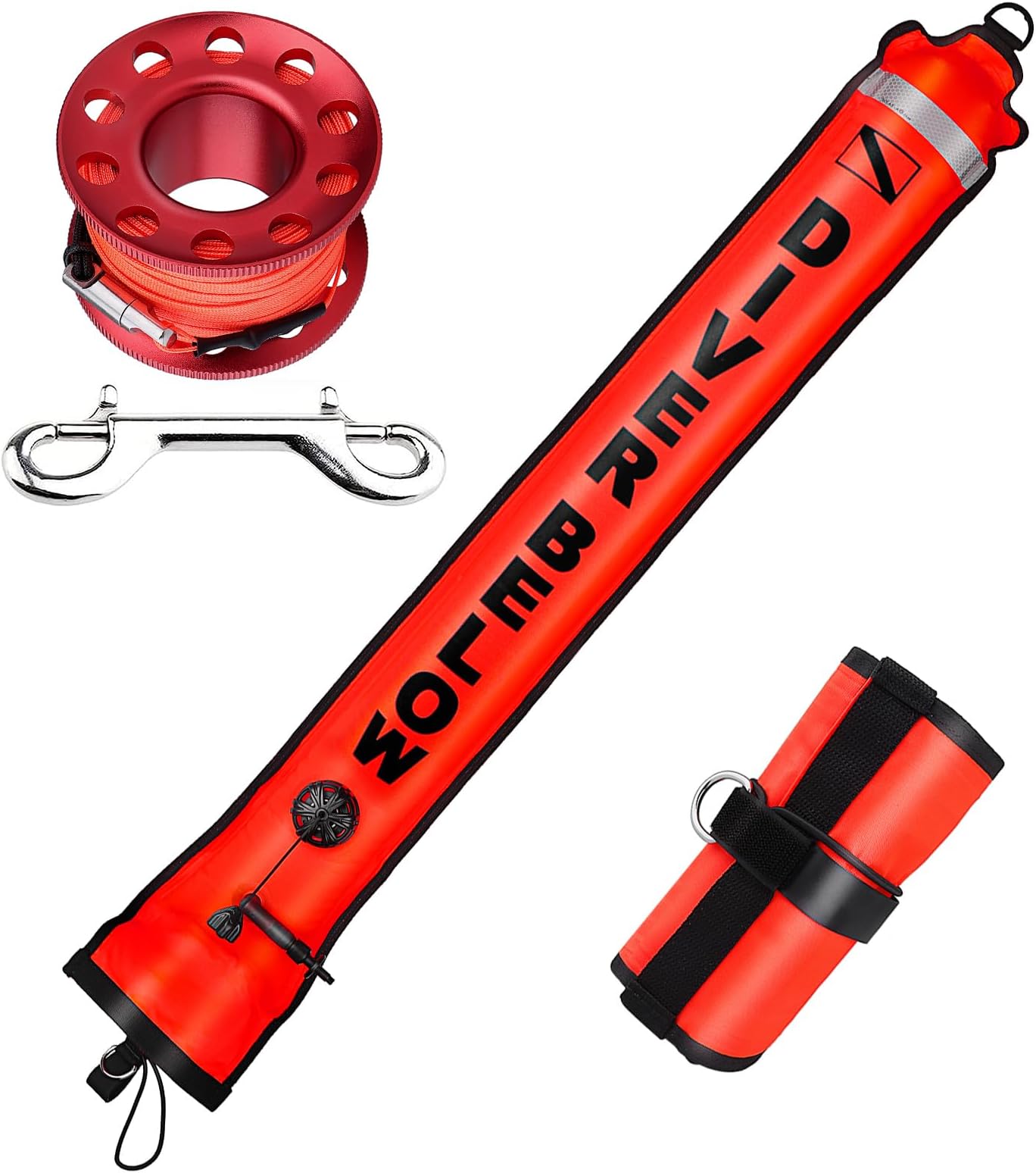 4ft Scuba Diving SMB, Open Bottom Surface Marker Buoy with Safety Sausage Signal Tube with 49ft Alloy Dive Reel and Double-Ended Bolt Clip for Underwater Sports Red